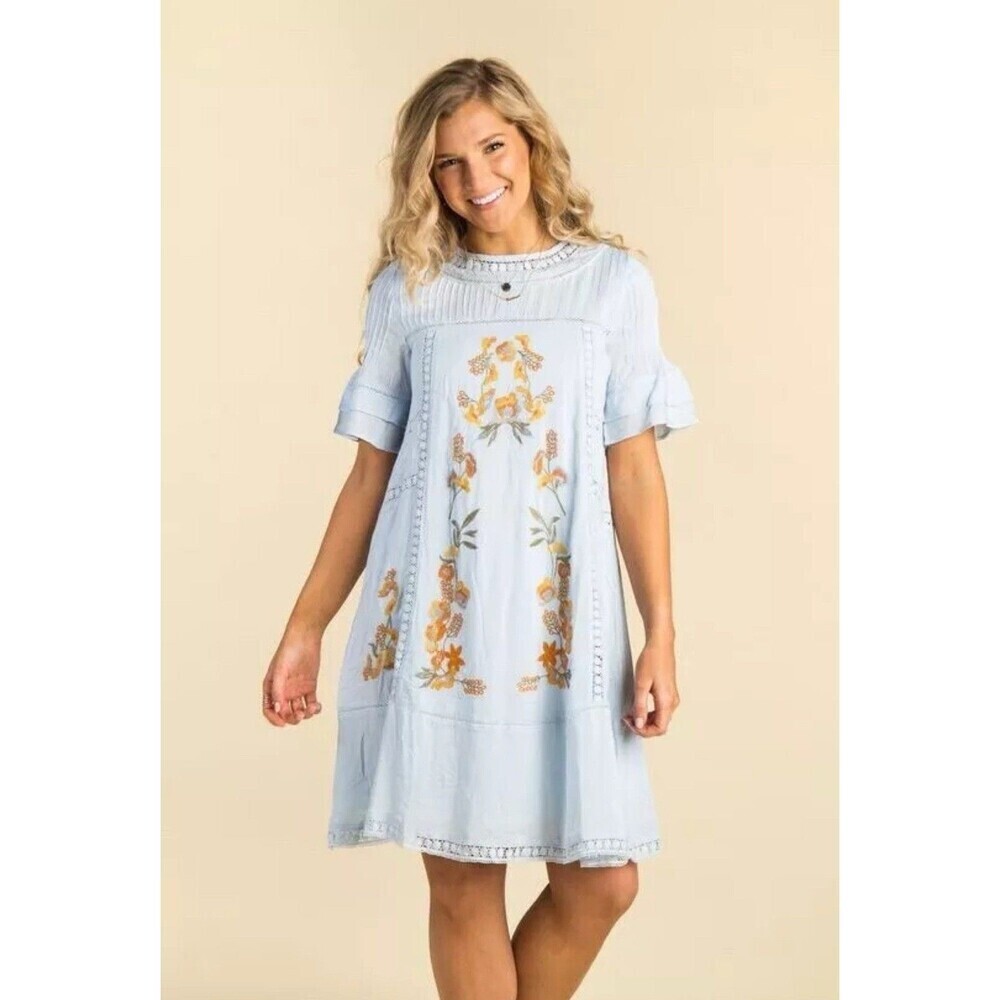 Brass & Roe Embroidered Blue Yellow Orange Lace Floral Boho Mini Dress Size XS